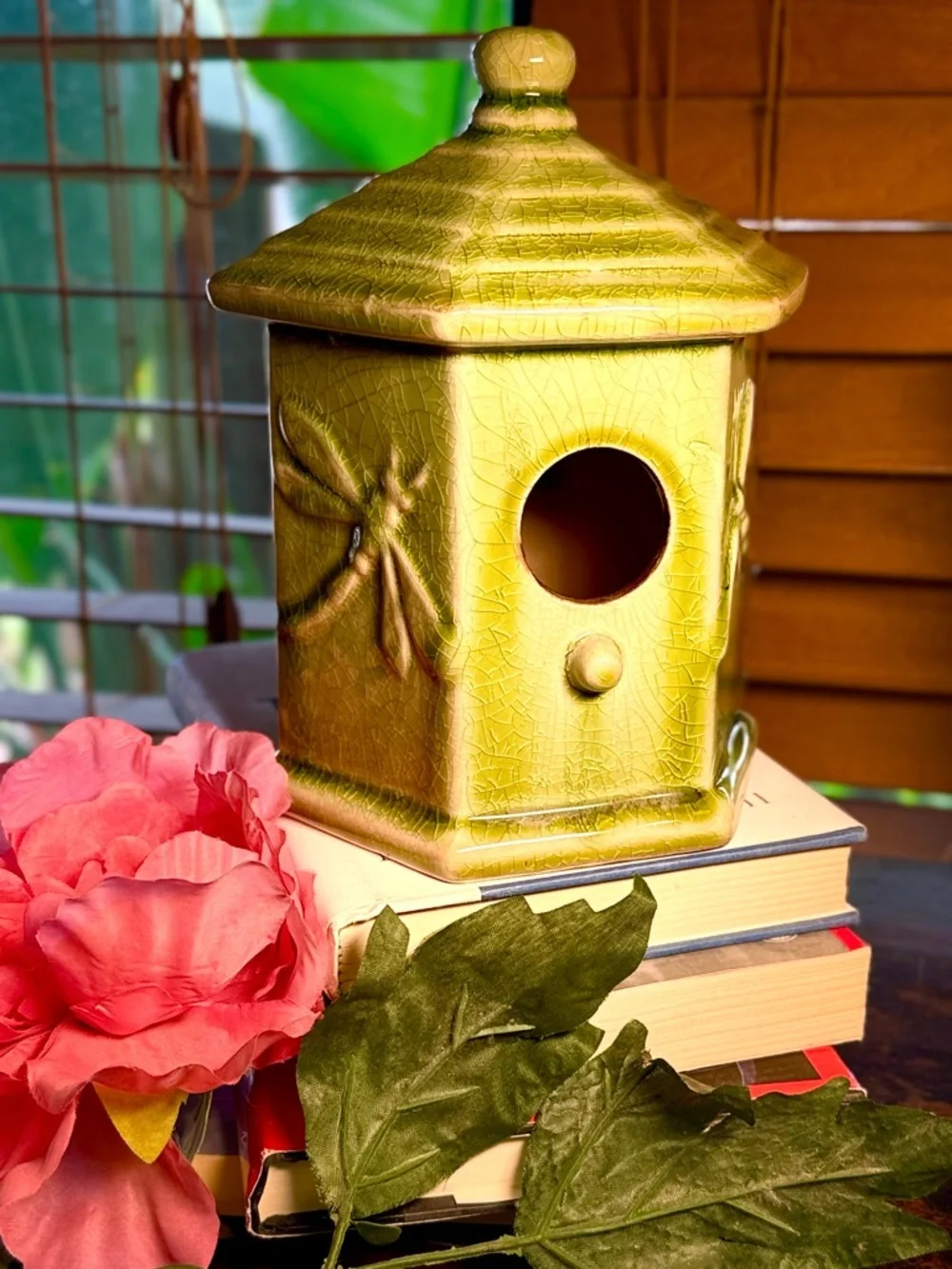 Vintage Decorative Ceramic Green Hexagon Birdhouse Accent